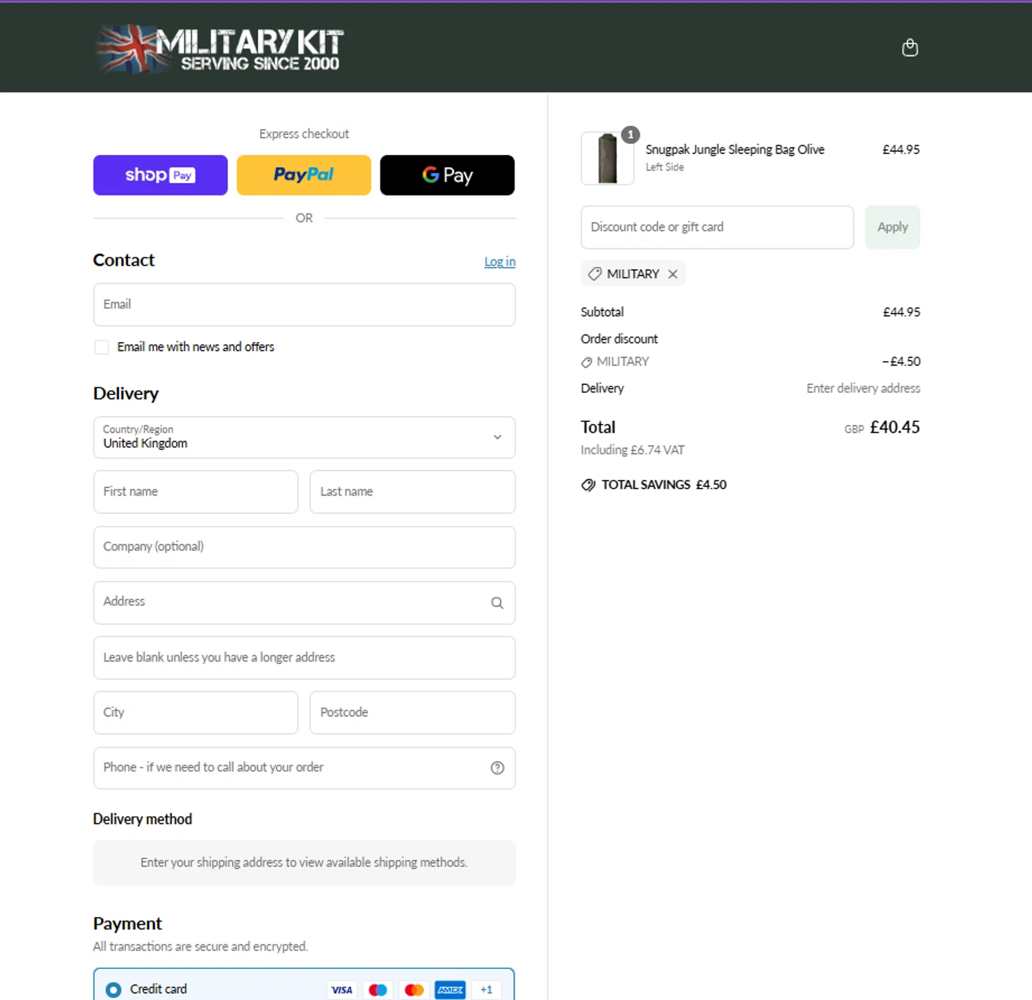 Military Kit checkout page showing Military Kit discount code box | Screenshot taken by SimplyCodes community member on Jun 30, 2025