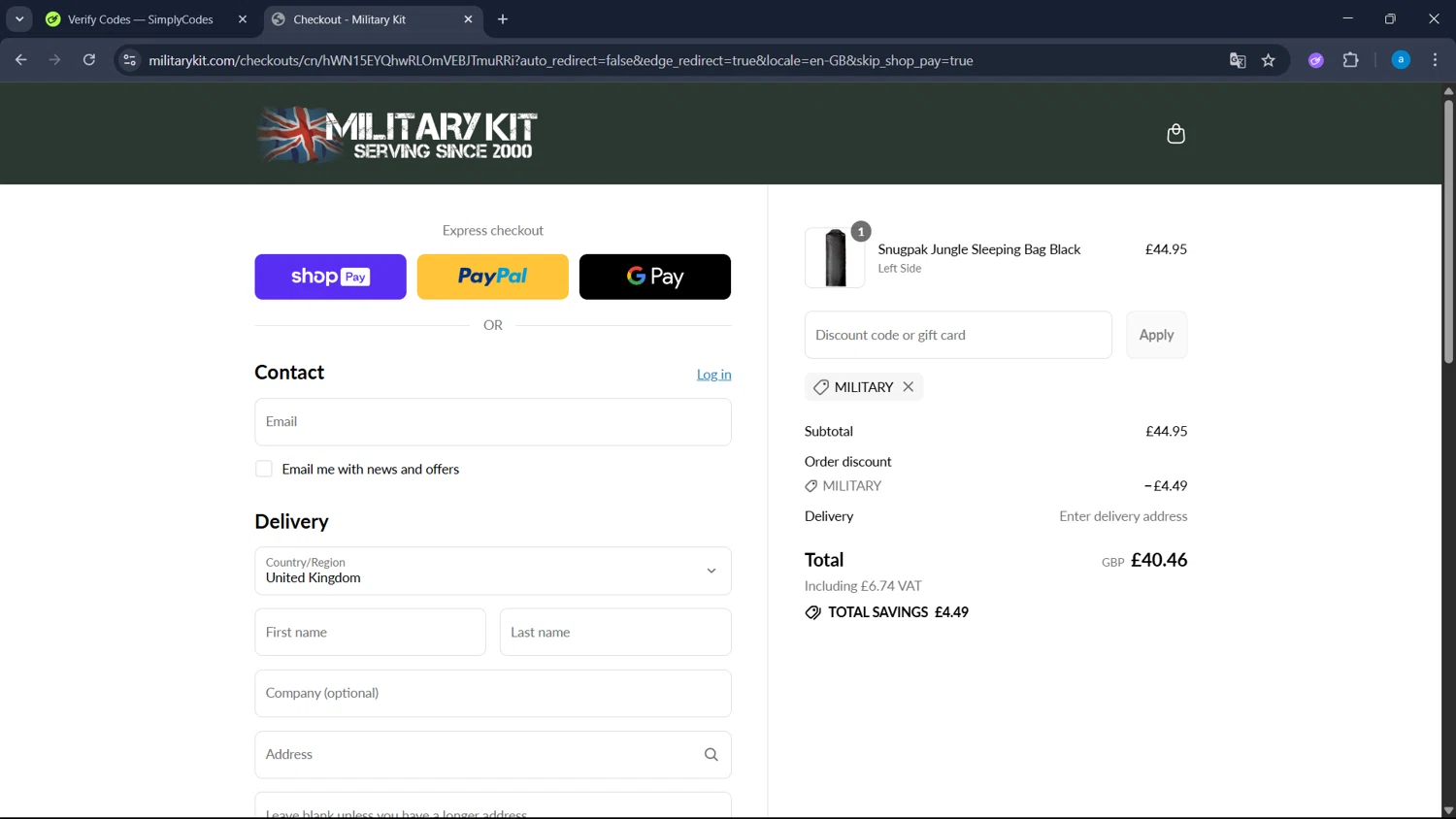 Military Kit checkout page showing Military Kit discount code box | Screenshot taken by SimplyCodes community member on Jul 26, 2025