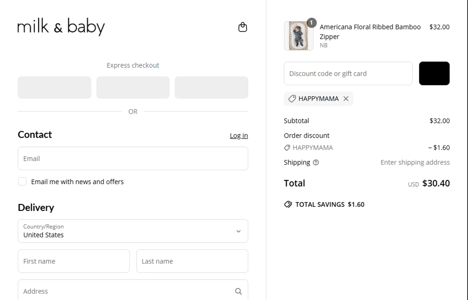 Milk & Baby promo code screenshot showing code HAPPYMAMA applied at Milk & Baby checkout page. Uploaded by SimplyCodes community member SwiftTracker8156 on Jun 3, 2025