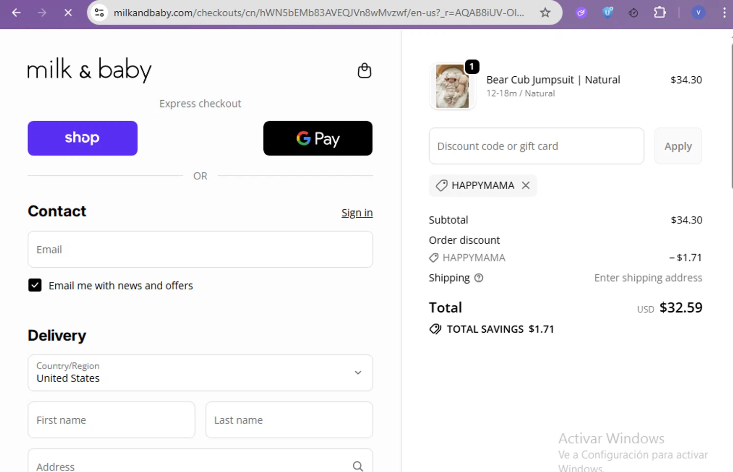 Milk & Baby promo code screenshot showing code HAPPYMAMA applied at Milk & Baby checkout page. Uploaded by SimplyCodes community member beatrizcastillo on Nov 22, 2025