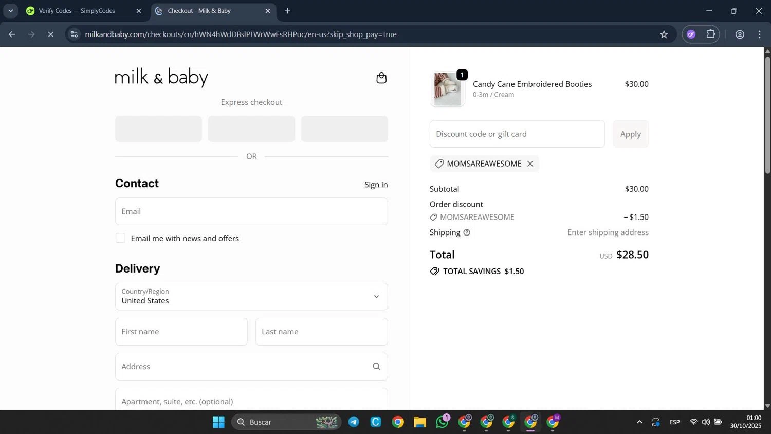 Milk & Baby promo code screenshot showing code MOMSAREAWESOME applied at Milk & Baby checkout page. Uploaded by SimplyCodes community member CleverFalcon6244 on Oct 30, 2025