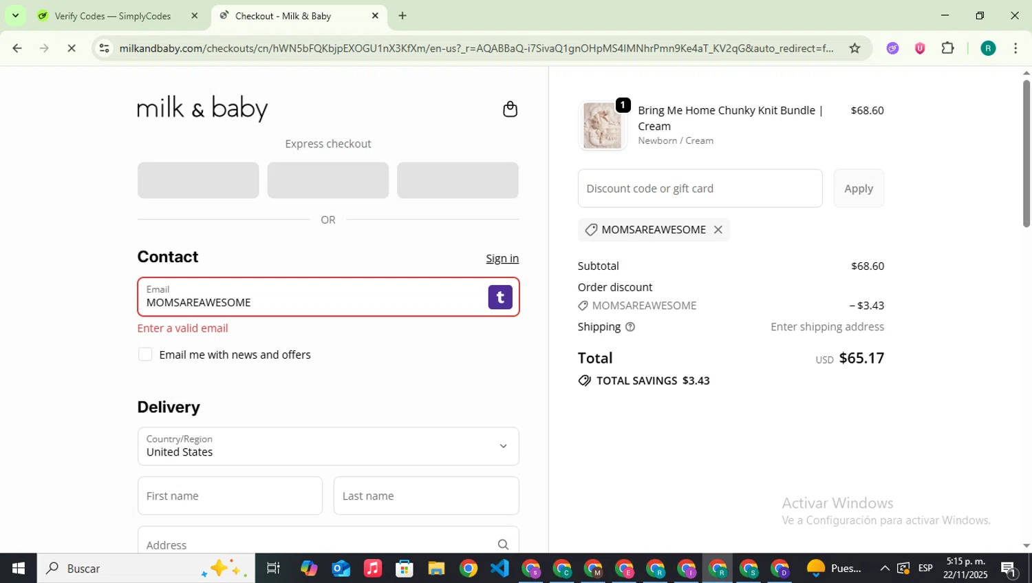 Milk & Baby promo code screenshot showing code MOMSAREAWESOME applied at Milk & Baby checkout page. Uploaded by SimplyCodes community member SavingsLegend387 on Nov 22, 2025