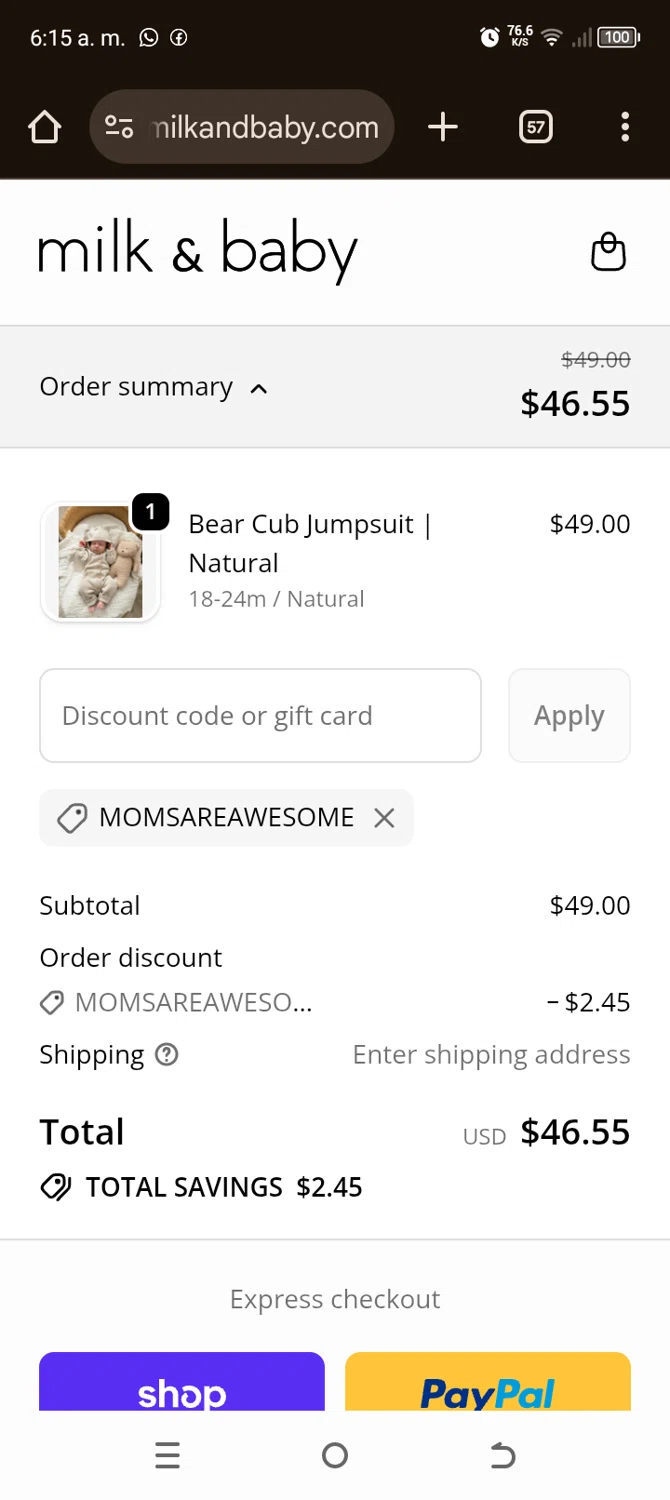 Milk & Baby promo code screenshot showing code MOMSAREAWESOME applied at Milk & Baby checkout page. Uploaded by SimplyCodes community member Typer19 on Oct 21, 2025
