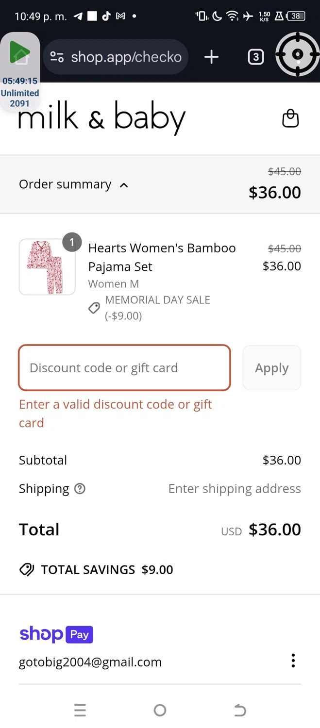 Milk & Baby promo code screenshot showing code MEMORIALDAYSALE applied at Milk & Baby checkout page. Uploaded by SimplyCodes community member ValueSage7369 on May 24, 2025