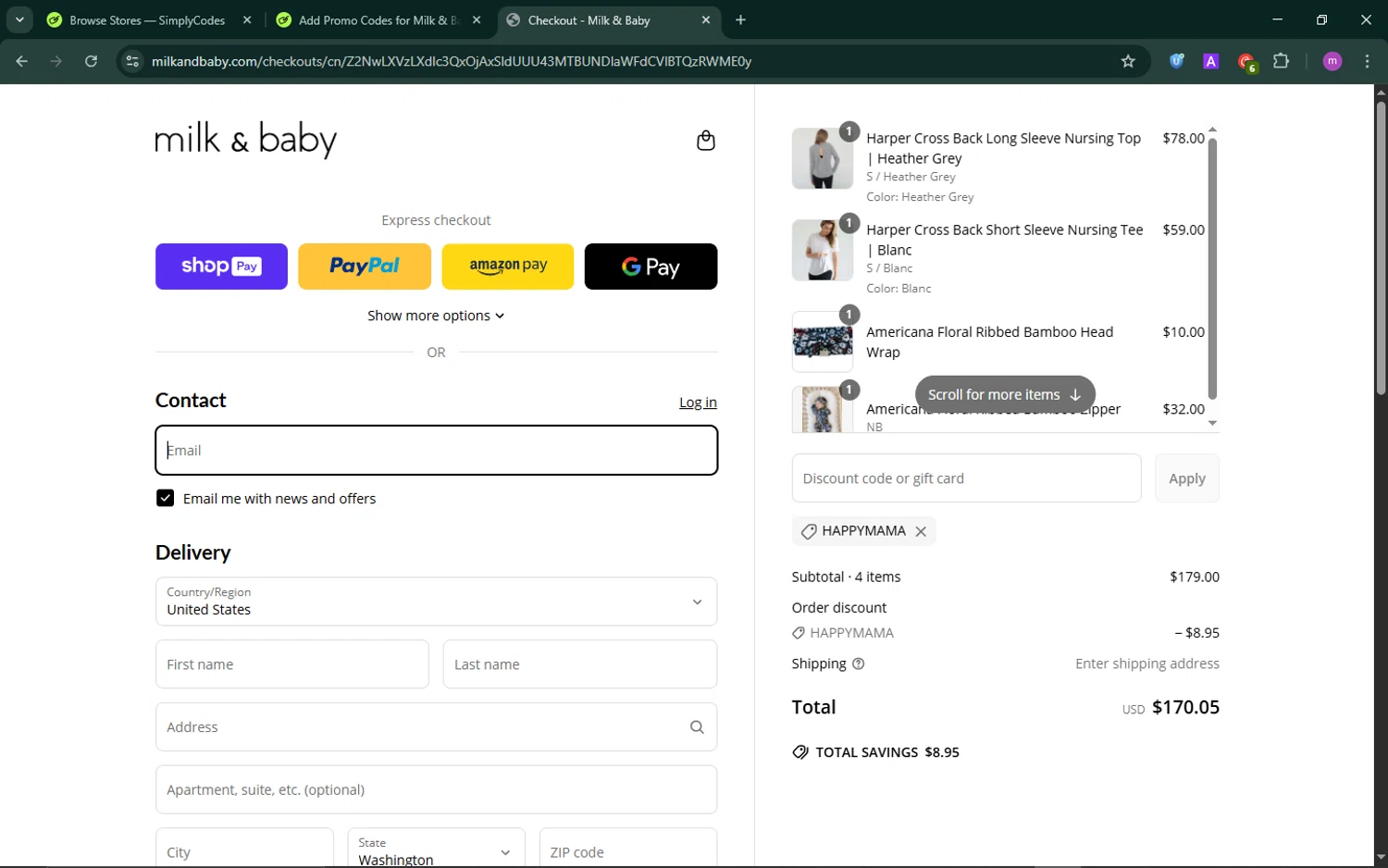 Milk & Baby promo code screenshot showing code HAPPYMAMA applied at Milk & Baby checkout page. Uploaded by SimplyCodes community member TokenChaser4876 on Jun 3, 2025