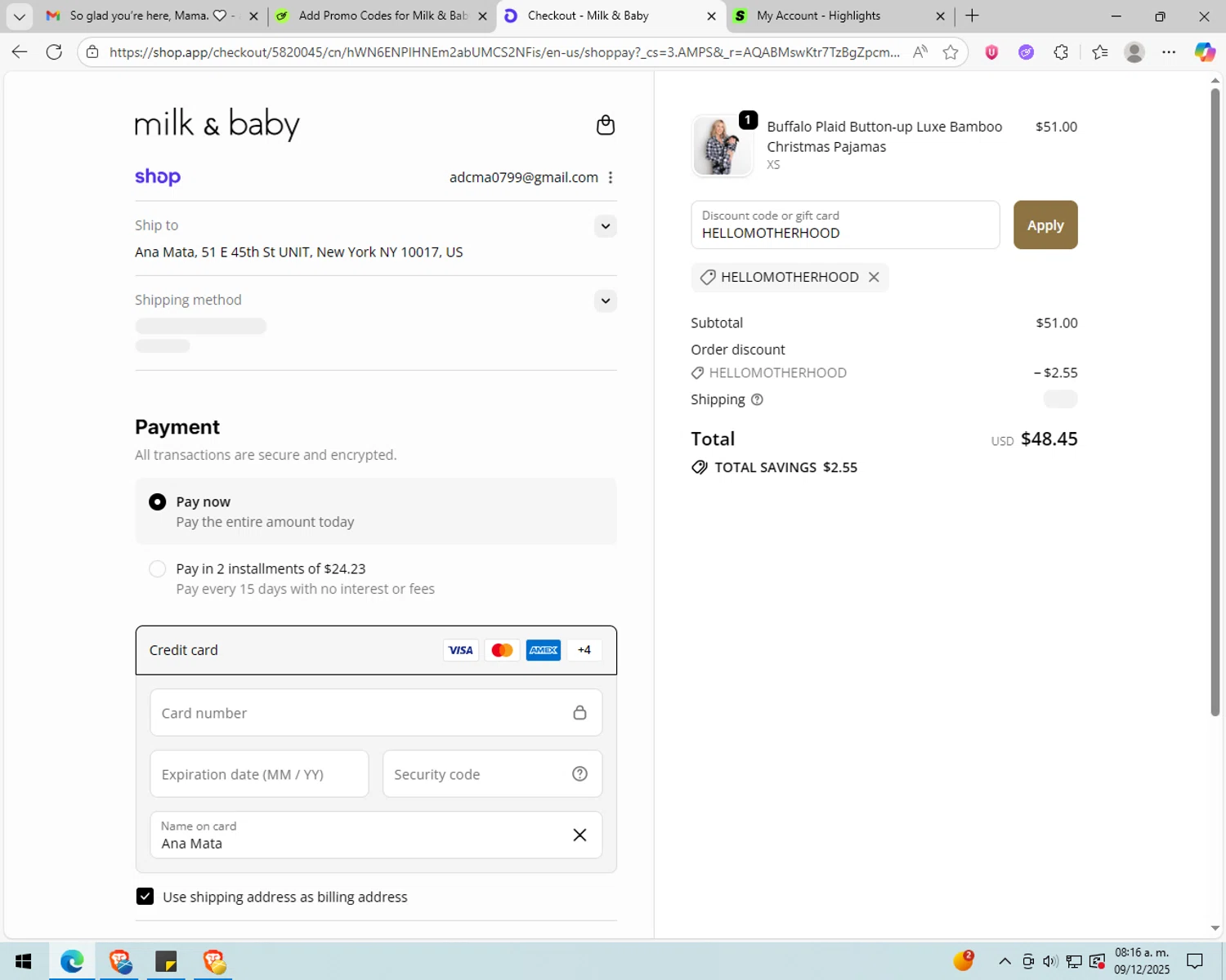 Milk & Baby promo code screenshot showing code HELLOMOTHERHOOD applied at Milk & Baby checkout page. Uploaded by SimplyCodes community member peachee on Dec 9, 2025