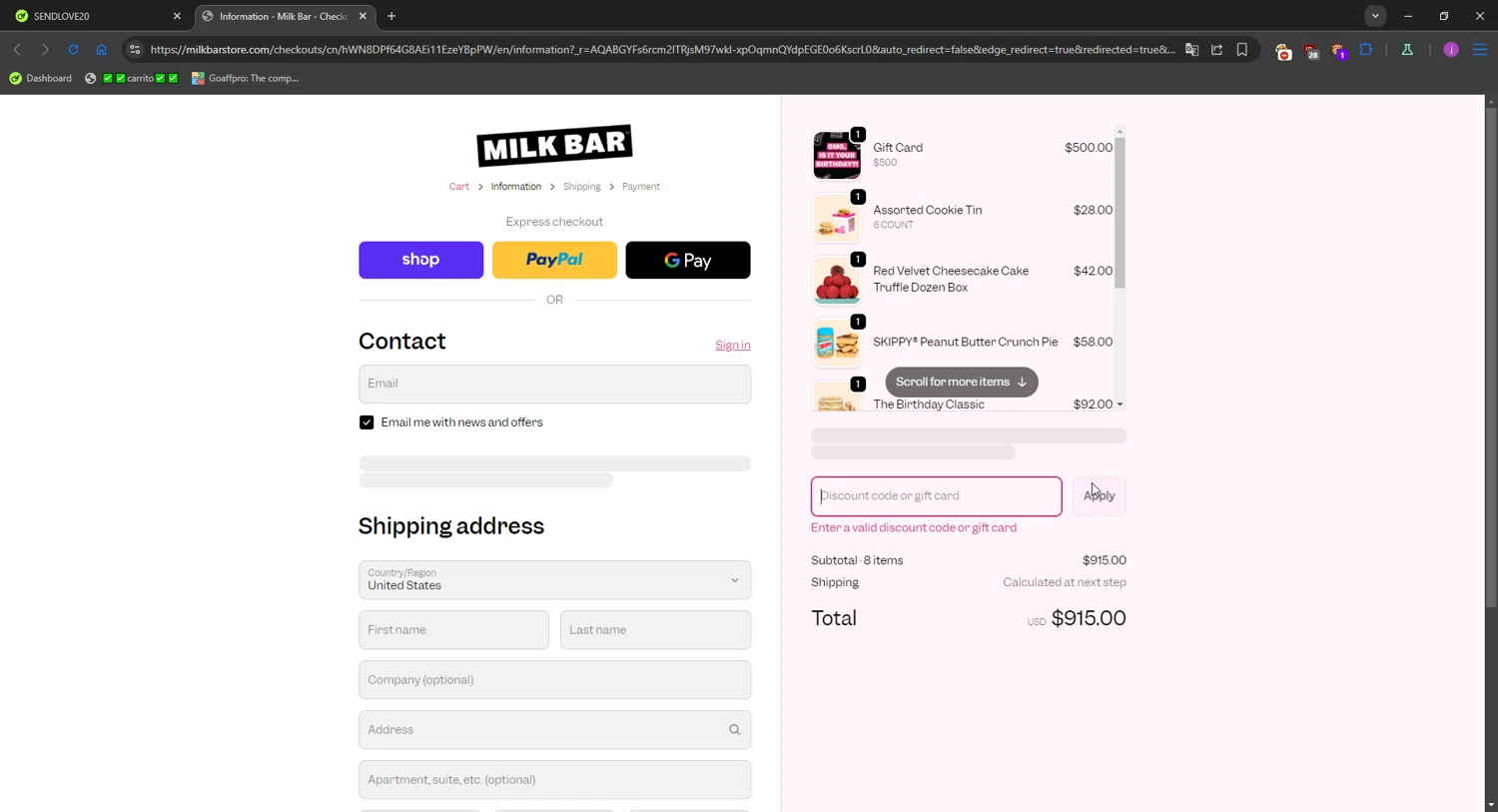 Milk Bar promo code screenshot showing code SENDLOVE20 applied at Milk Bar checkout page. Uploaded by SimplyCodes community member WonderMaverick6123 on Jan 30, 2026