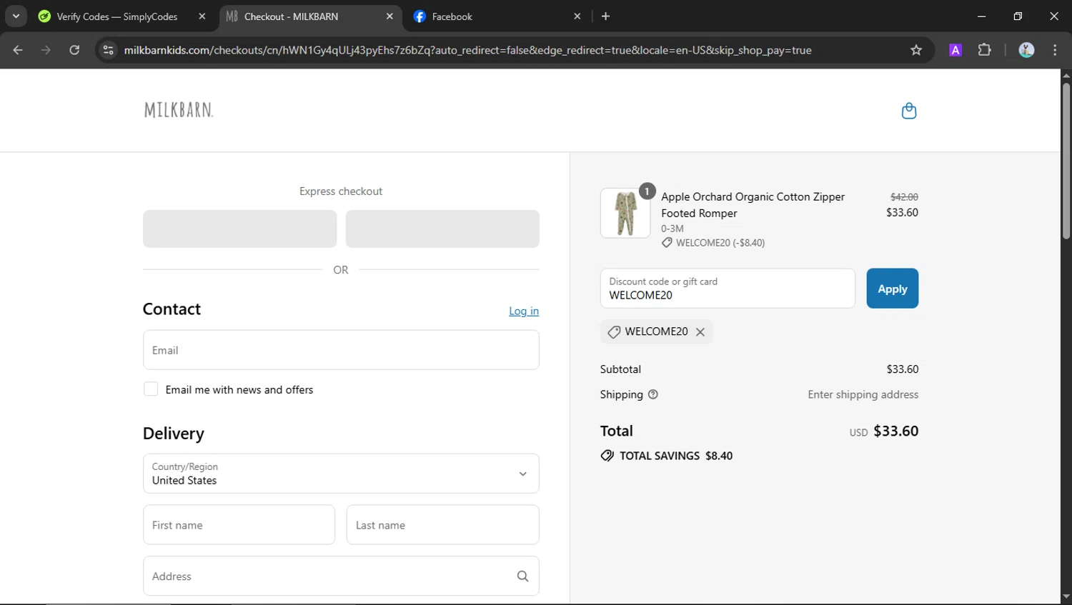 MILKBARN promo code screenshot showing code WELCOME20 applied at MILKBARN checkout page. Uploaded by SimplyCodes community member SilverSeeker255 on Jul 31, 2025