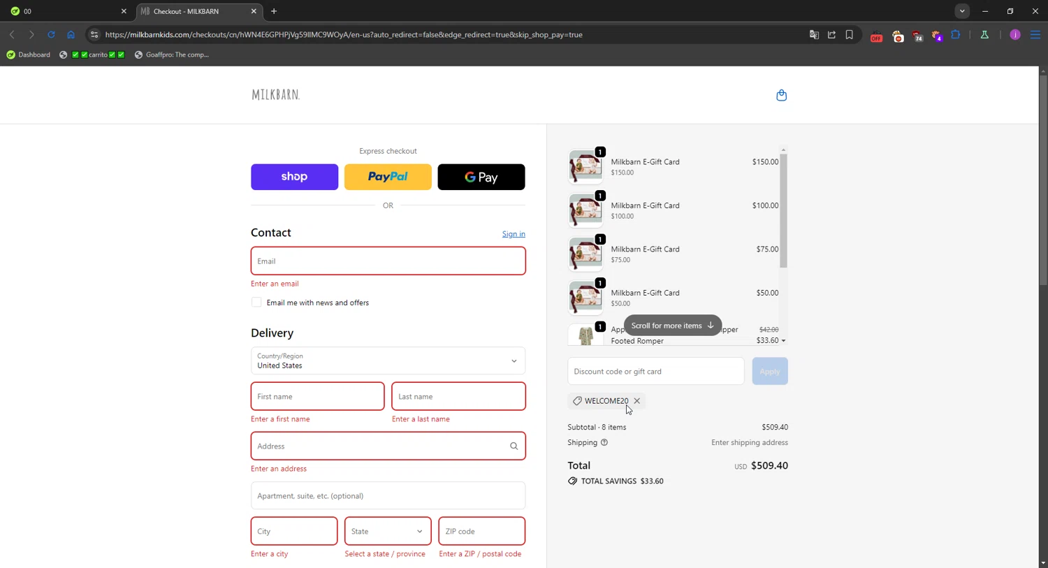 MILKBARN promo code screenshot showing code WELCOME20 applied at MILKBARN checkout page. Uploaded by SimplyCodes community member WonderMaverick6123 on Oct 17, 2025