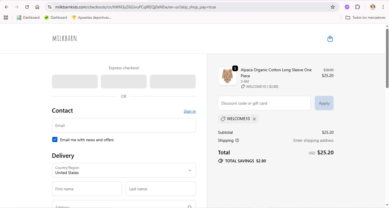 MILKBARN promo code screenshot showing code WELCOME10 applied at MILKBARN checkout page. Uploaded by SimplyCodes community member LegendaryTitan9160 on Oct 11, 2025