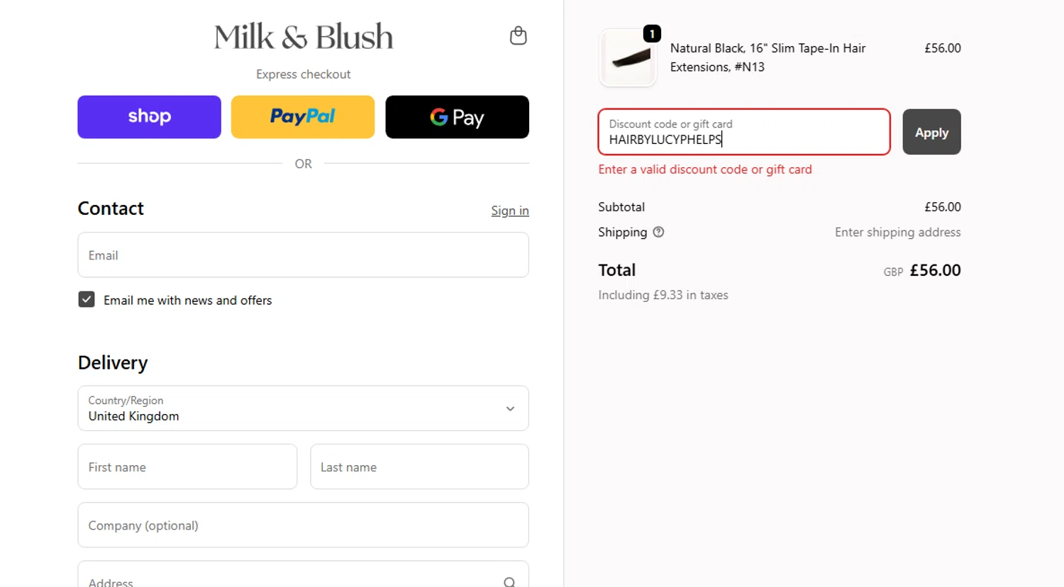 Milk + Blush discount code screenshot showing code HAIRBYLUCYPHELPS applied at Milk + Blush checkout page. Uploaded by SimplyCodes community member Draken on Nov 24, 2025