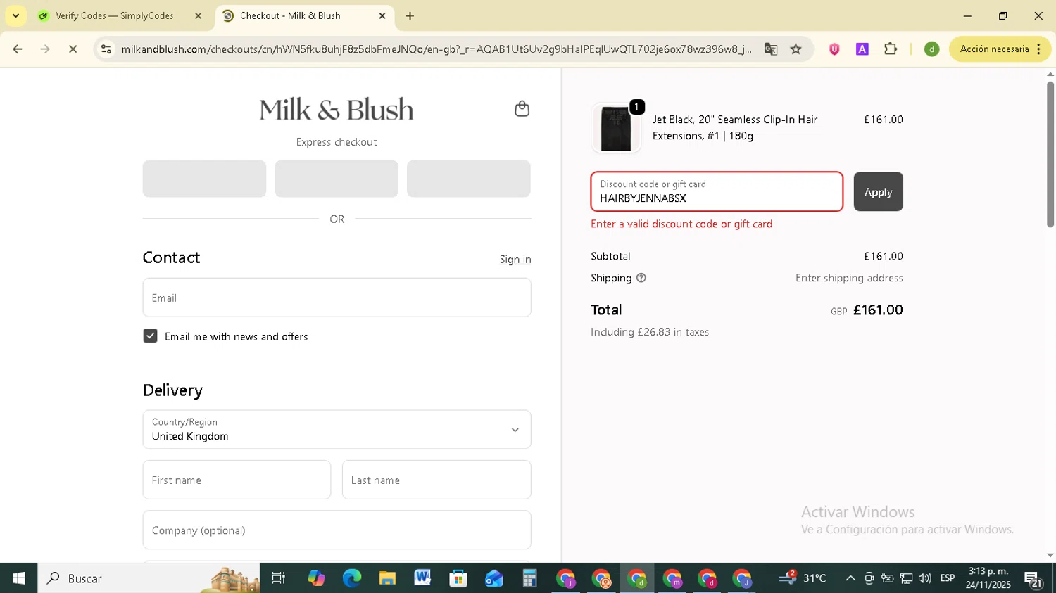 Milk + Blush discount code screenshot showing code HAIRBYJENNABSX applied at Milk + Blush checkout page. Uploaded by SimplyCodes community member SavingsSentinel833 on Nov 24, 2025