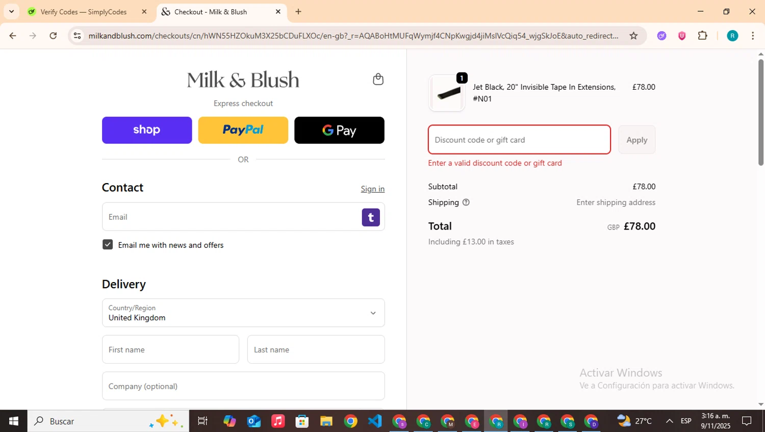 Milk + Blush discount code screenshot showing code DARK10 applied at Milk + Blush checkout page. Uploaded by SimplyCodes community member BudgetHero4407 on Nov 9, 2025