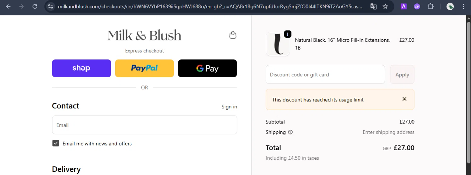 Milk + Blush discount code screenshot showing code AB-BJV5T59M applied at Milk + Blush checkout page. Uploaded by SimplyCodes community member BudgetElite1200 on Dec 16, 2025