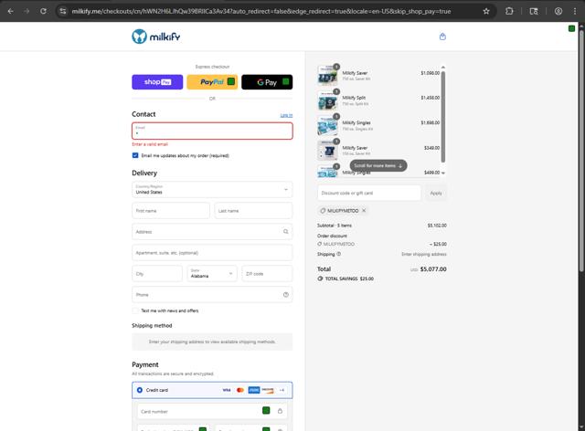 Milkify checkout page showing Milkify discount code box | Screenshot taken by SimplyCodes community member on Aug 27, 2025