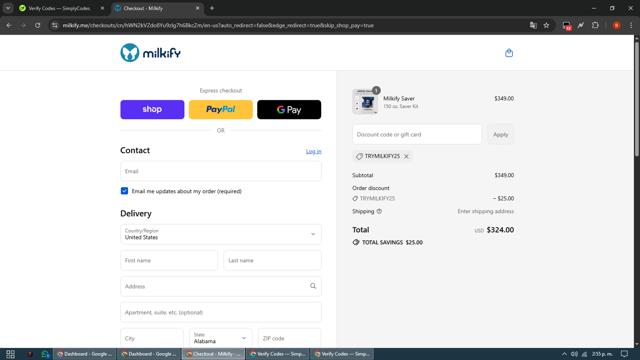 Milkify checkout page showing Milkify discount code box | Screenshot taken by SimplyCodes community member on Sep 8, 2025
