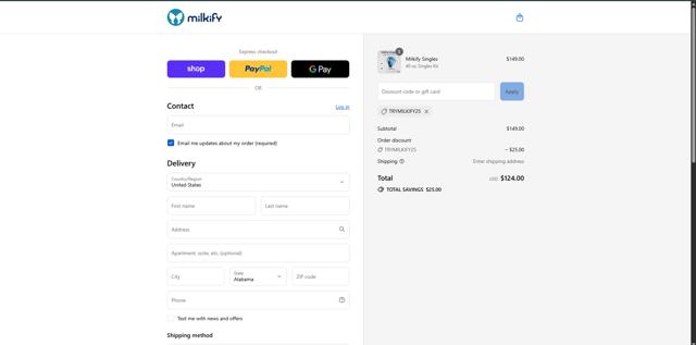 Milkify checkout page showing Milkify discount code box | Screenshot taken by SimplyCodes community member on Aug 31, 2025