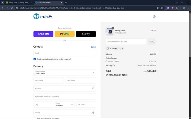Milkify checkout page showing Milkify discount code box | Screenshot taken by SimplyCodes community member on Aug 17, 2025