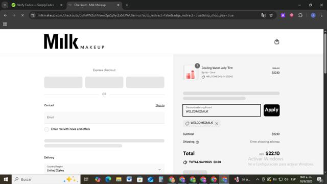 Milk Makeup checkout page showing Milk Makeup promo code box | Screenshot taken by SimplyCodes community member on Sep 10, 2025