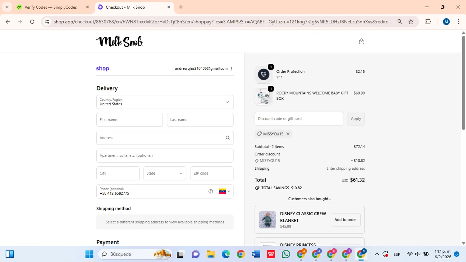 Milk Snob checkout page showing Milk Snob promo code box | Screenshot taken by SimplyCodes community member on Feb 6, 2026