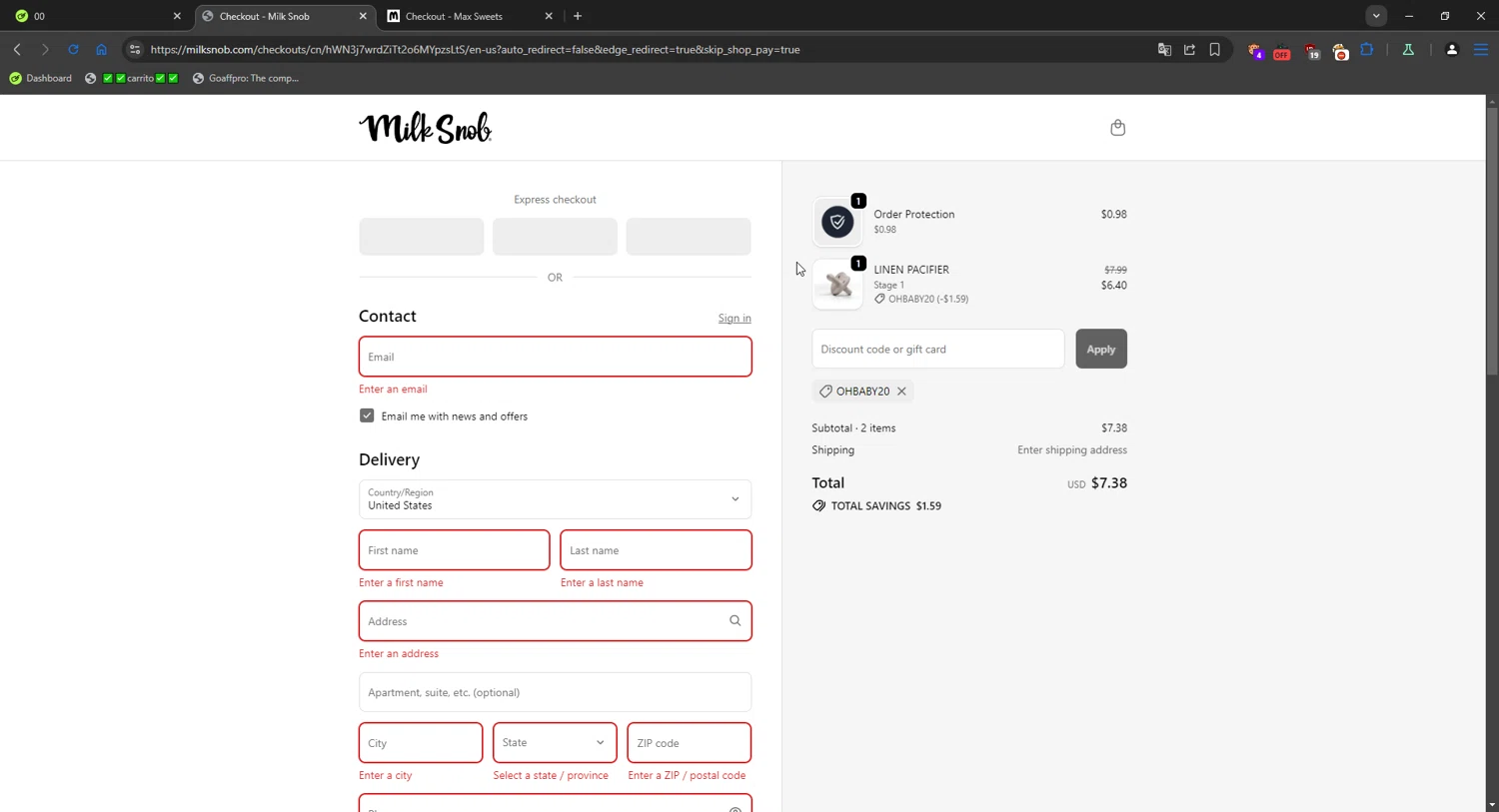 Milk Snob promo code screenshot showing code ohbaby20 applied at Milk Snob checkout page. Uploaded by SimplyCodes community member Mriko_Kien_lo_lea on Oct 4, 2025