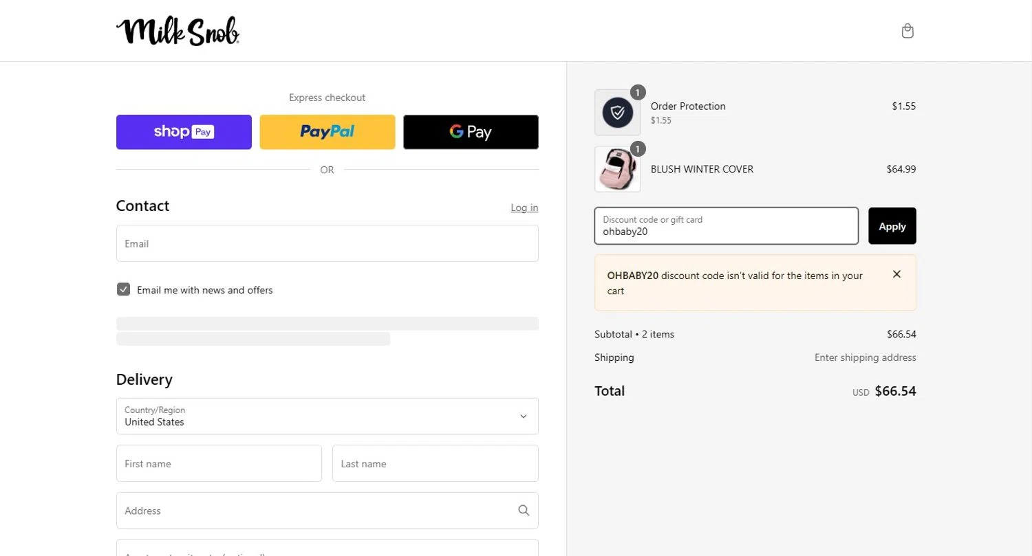 Milk Snob promo code screenshot showing code ohbaby20 applied at Milk Snob checkout page. Uploaded by SimplyCodes community member ScanMaestro644 on Jan 22, 2025