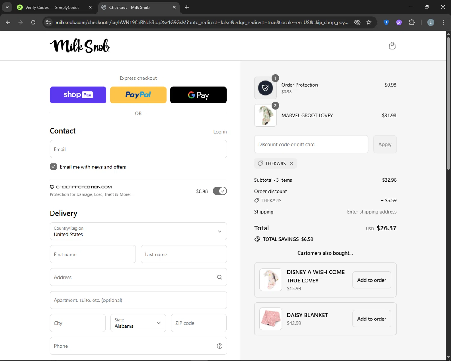 Milk Snob promo code screenshot showing code THEKAJIS applied at Milk Snob checkout page. Uploaded by SimplyCodes community member CashTracker4266 on Jul 28, 2025