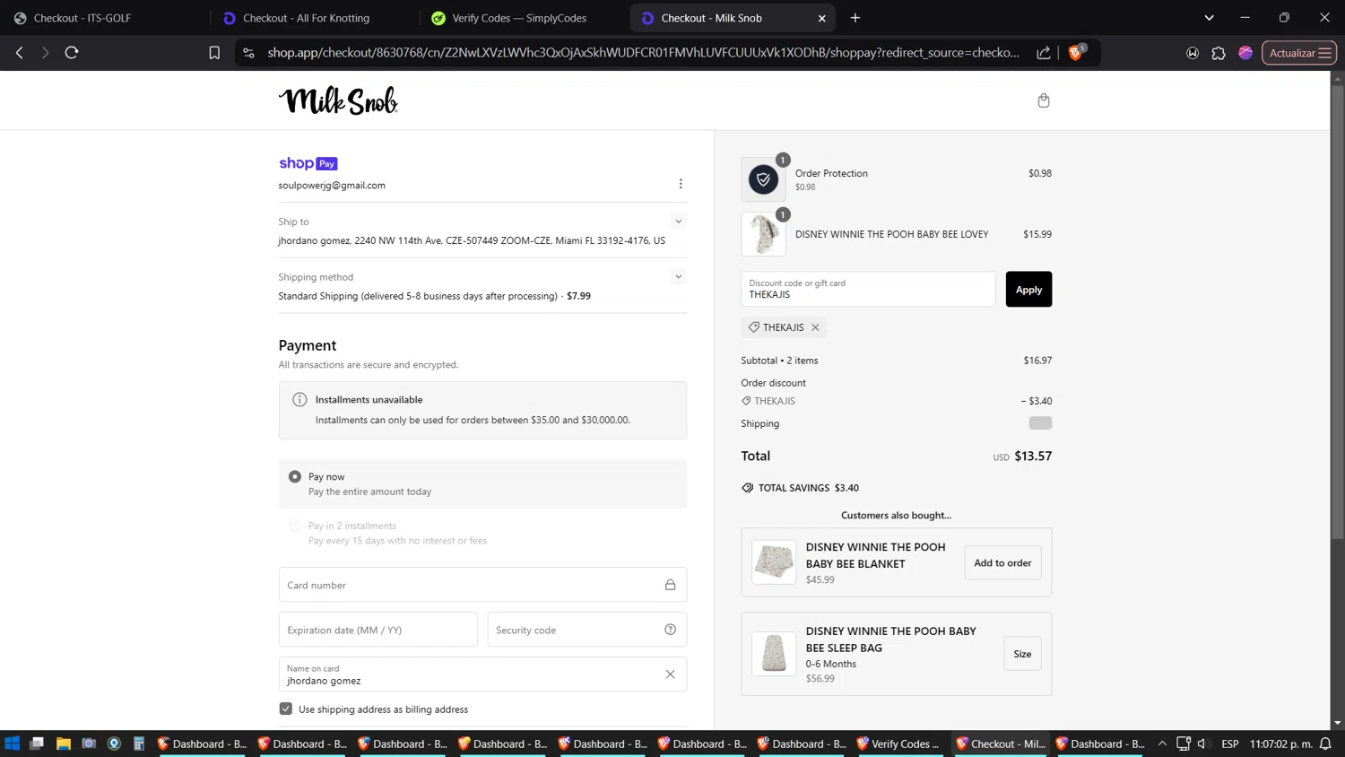 Milk Snob promo code screenshot showing code THEKAJIS applied at Milk Snob checkout page. Uploaded by SimplyCodes community member TreasureExpert3303 on Jan 18, 2025