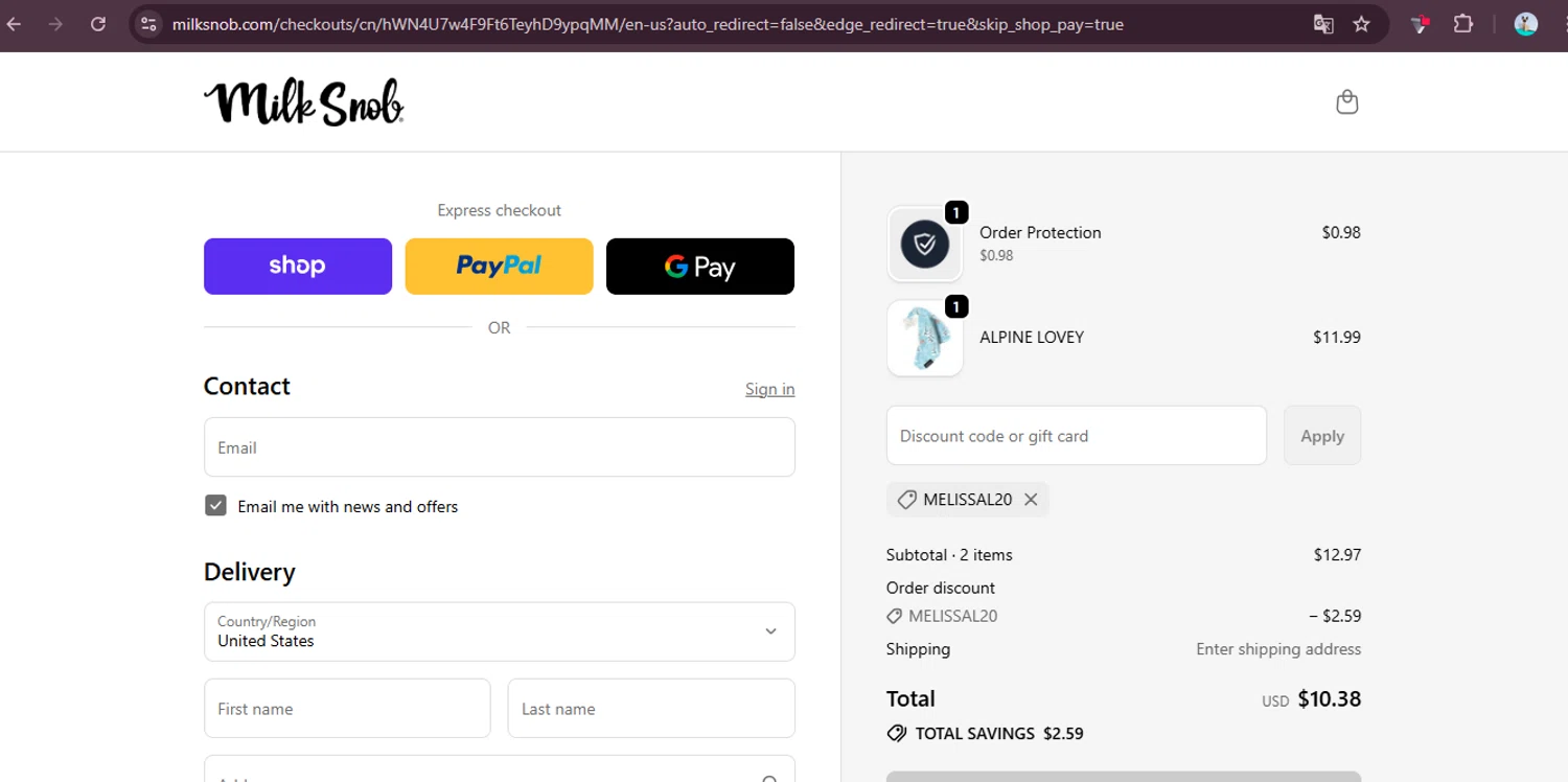 Milk Snob promo code screenshot showing code MELISSAL20 applied at Milk Snob checkout page. Uploaded by SimplyCodes community member elgatobravo on Oct 24, 2025