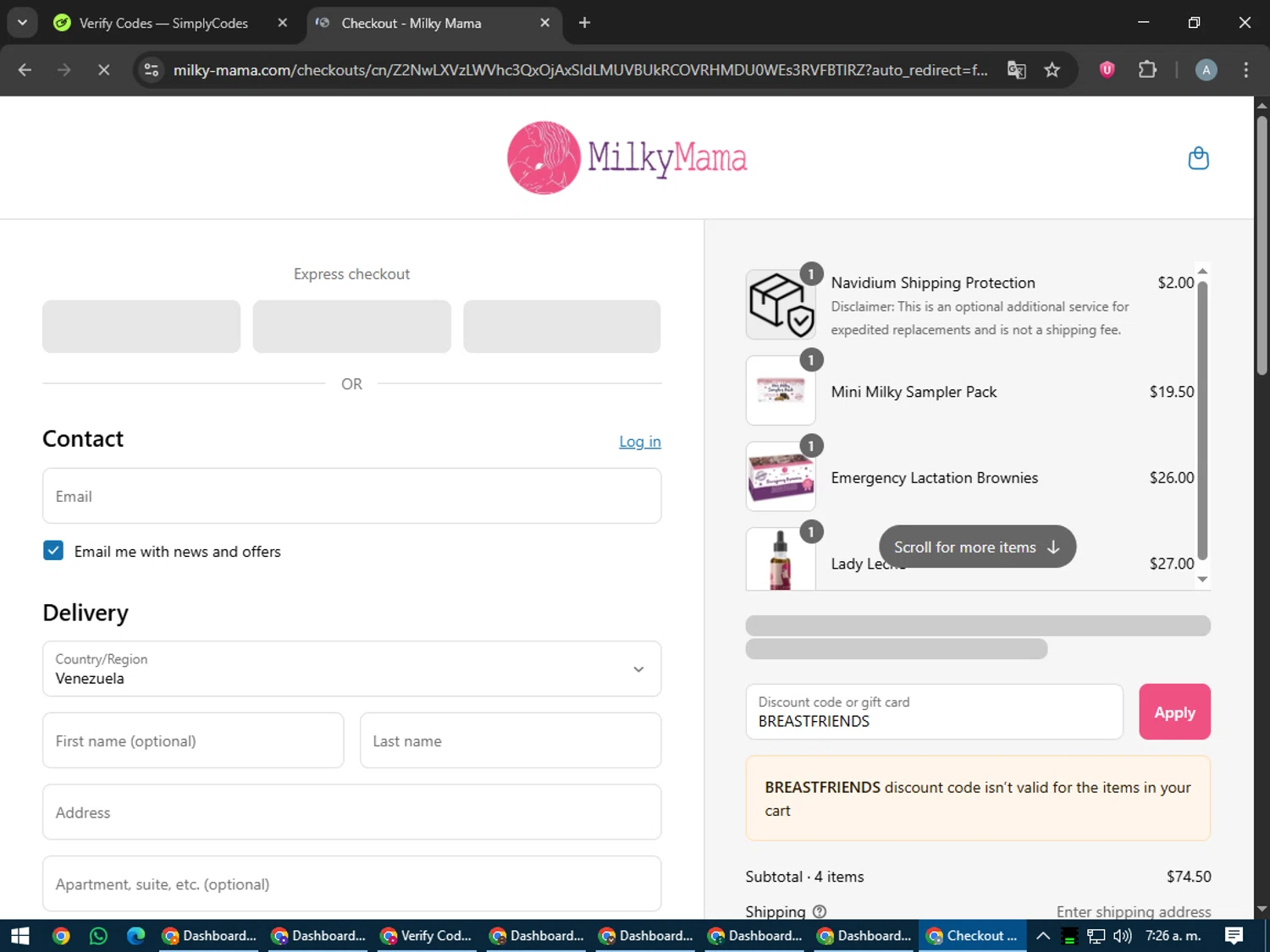 Milky Mama discount code screenshot showing code BREASTFRIENDS applied at Milky Mama checkout page. Uploaded by SimplyCodes community member trippieredd on May 31, 2025