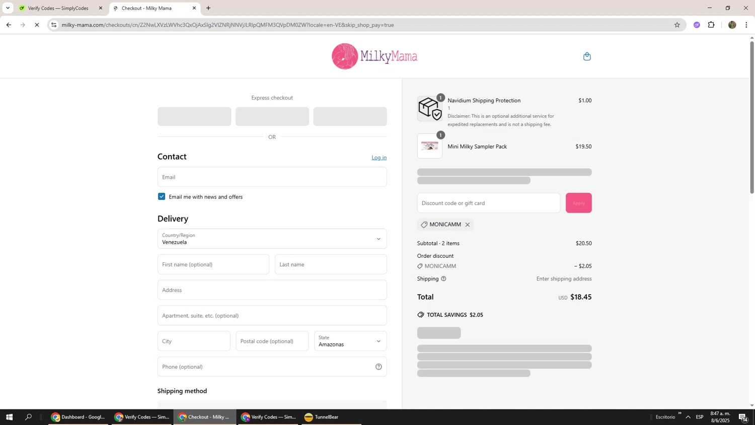 Milky Mama discount code screenshot showing code MONICAMM applied at Milky Mama checkout page. Uploaded by SimplyCodes community member Phoenix585 on Jun 8, 2025
