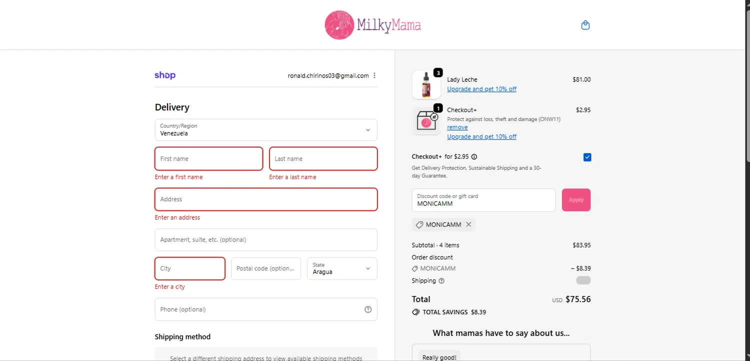Milky Mama discount code screenshot showing code MONICAMM applied at Milky Mama checkout page. Uploaded by SimplyCodes community member ValiantMaverick169 on Oct 22, 2025