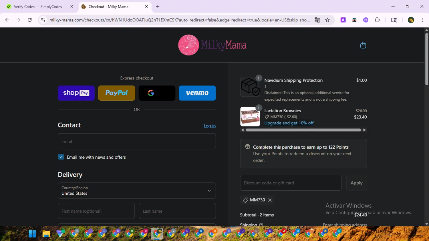 Milky Mama discount code screenshot showing code MM730 applied at Milky Mama checkout page. Uploaded by SimplyCodes community member RewardNavigator9728 on Aug 6, 2025