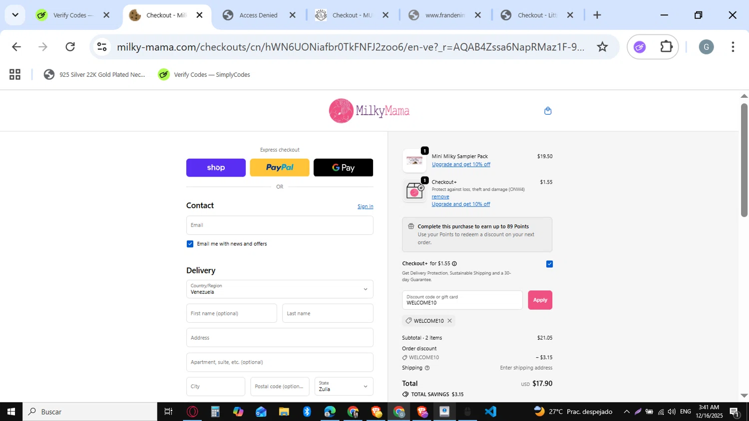 Milky Mama discount code screenshot showing code WELCOME10 applied at Milky Mama checkout page. Uploaded by SimplyCodes community member guest_623525963 on Dec 16, 2025