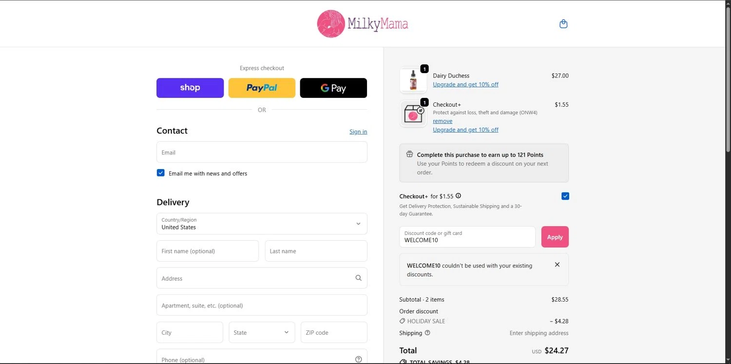 Milky Mama discount code screenshot showing code WELCOME10 applied at Milky Mama checkout page. Uploaded by SimplyCodes community member Depressive on Dec 16, 2025