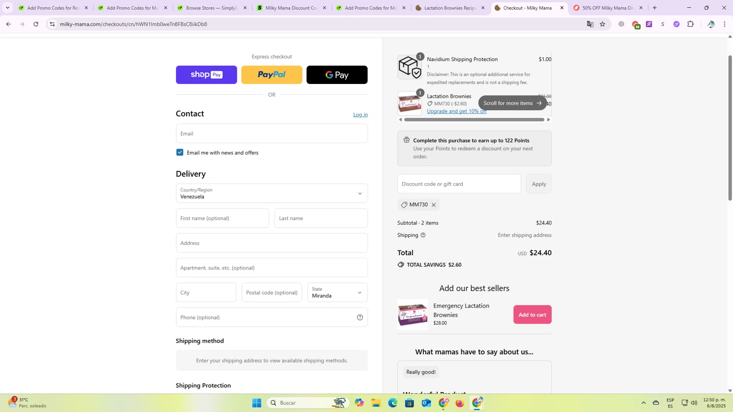 Milky Mama discount code screenshot showing code MM730 applied at Milky Mama checkout page. Uploaded by SimplyCodes community member OriCarol on Aug 6, 2025