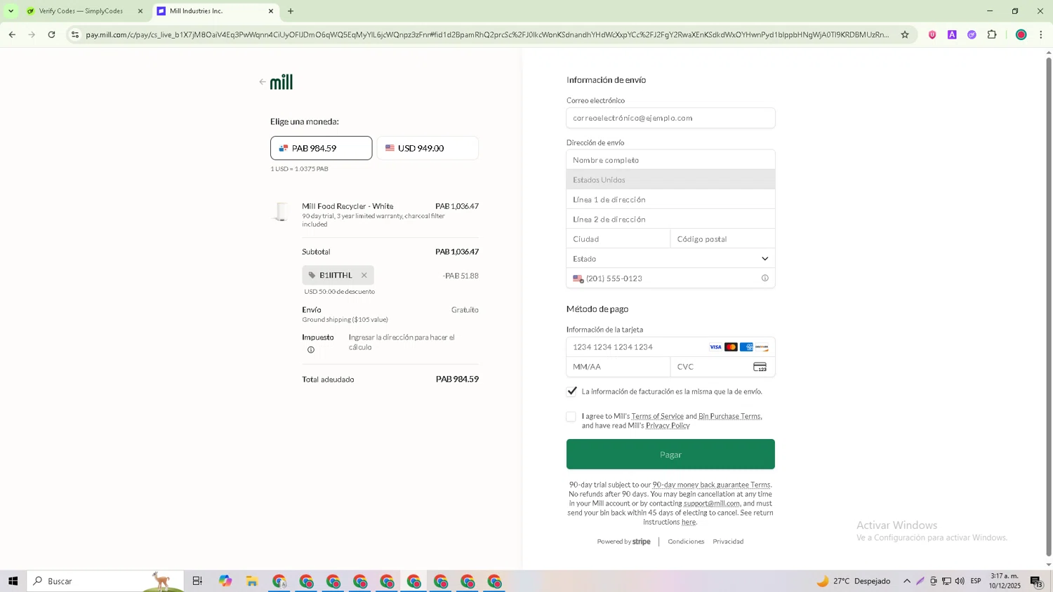 Mill checkout page showing Mill promo code box | Screenshot taken by SimplyCodes community member on Dec 10, 2025