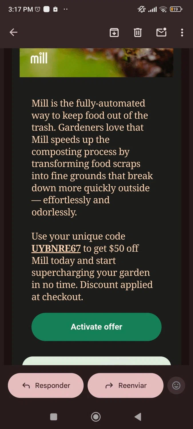 Mill promo code screenshot showing code UYBNRE67 applied at Mill checkout page. Uploaded by SimplyCodes community member josegarcia6 on Nov 10, 2025