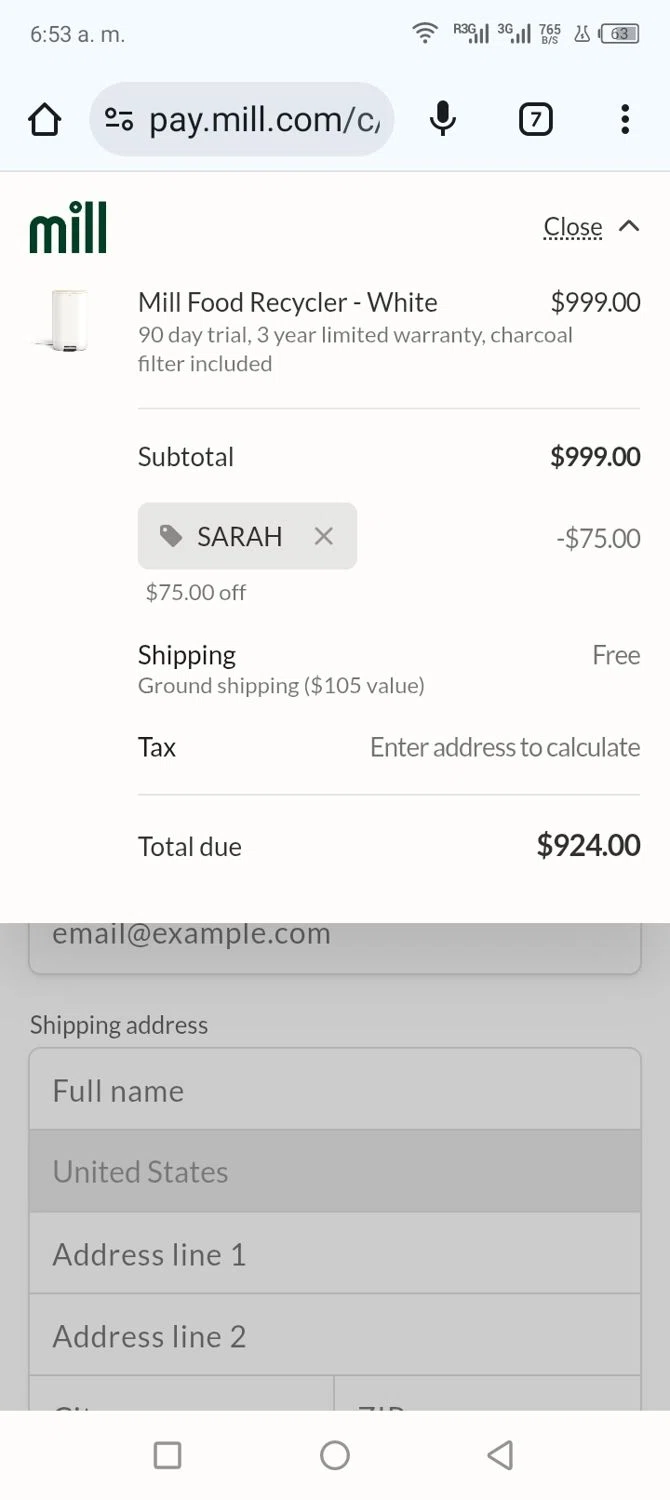 Mill promo code screenshot showing code SARAH applied at Mill checkout page. Uploaded by SimplyCodes community member shark12 on Dec 13, 2025
