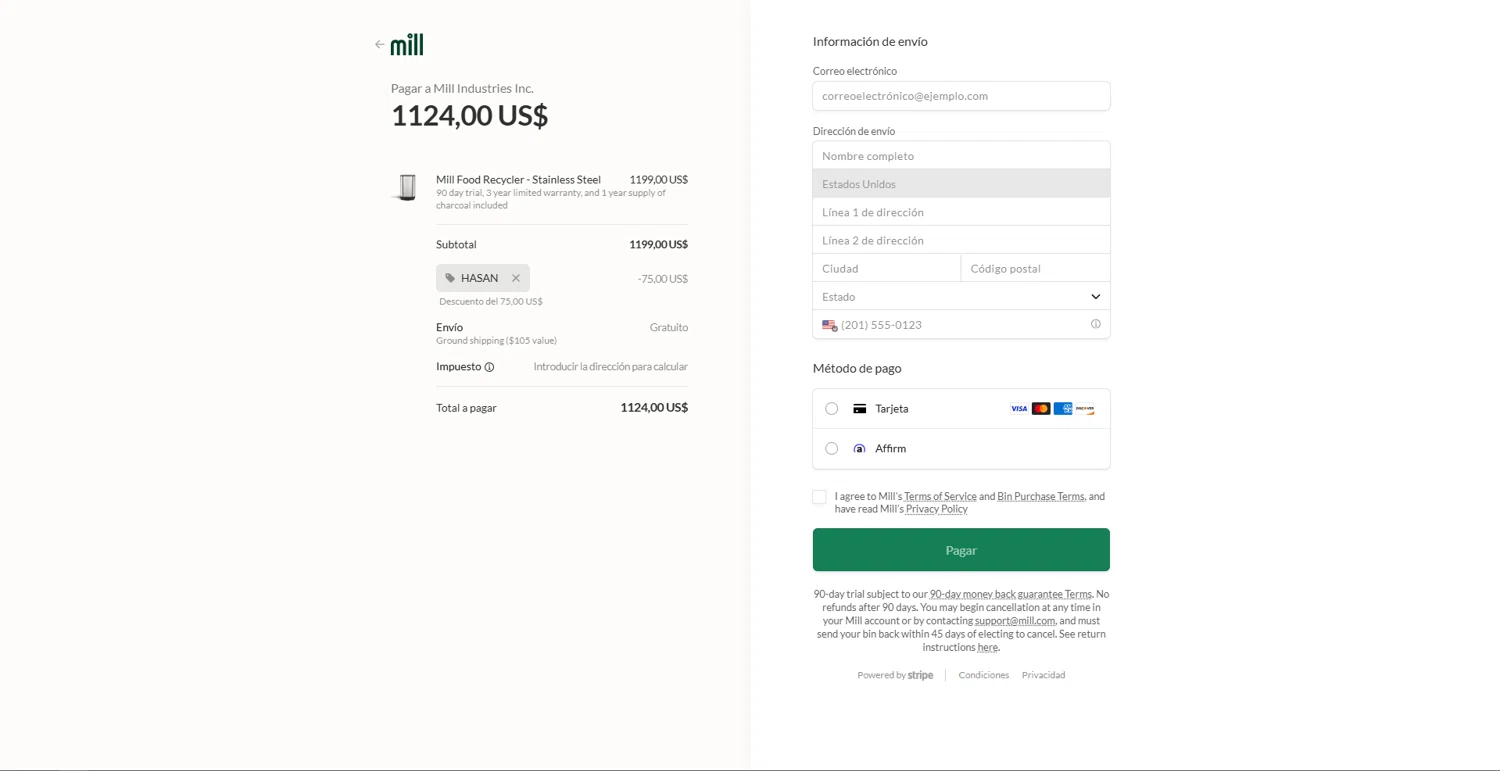 Mill promo code screenshot showing code HASAN applied at Mill checkout page. Uploaded by SimplyCodes community member vctr7w7x on Oct 13, 2025