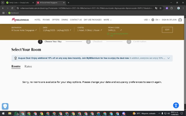 Millenium Hotels checkout page showing Millenium Hotels promo code box | Screenshot taken by SimplyCodes community member on Aug 13, 2025