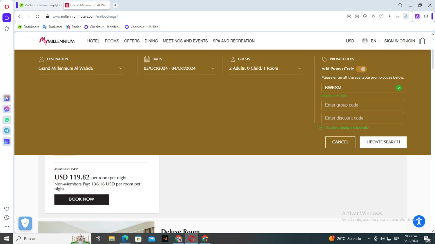 where to use Millennium Hotels promo code box