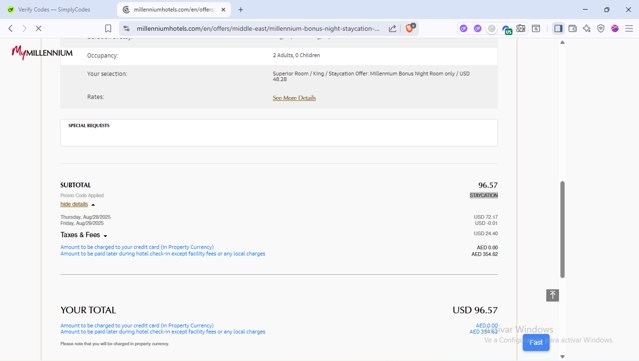 Millenium Hotels checkout page showing Millenium Hotels promo code box | Screenshot taken by SimplyCodes community member on Aug 28, 2025