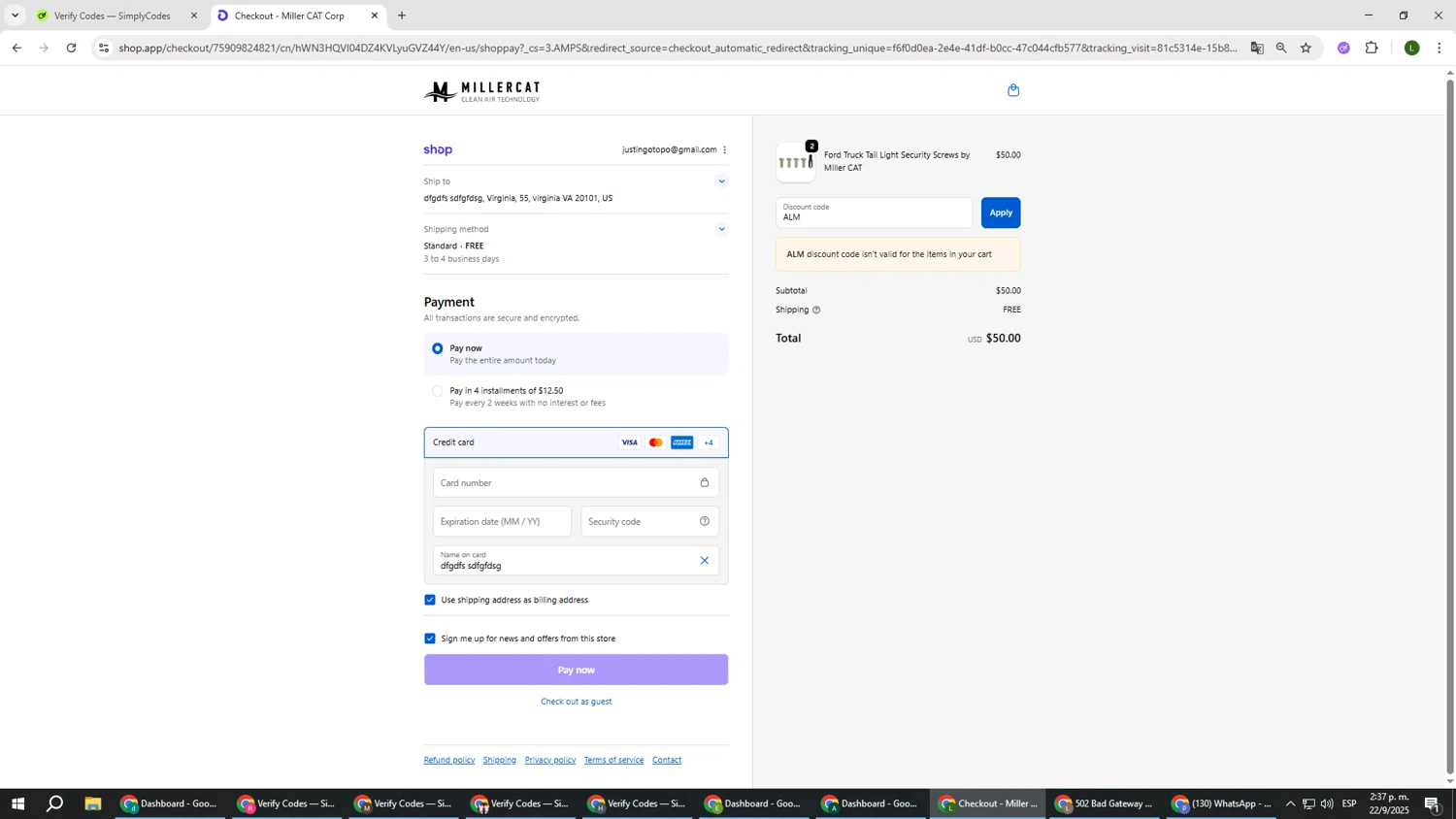 Miller CAT discount code screenshot showing code ALM applied at Miller CAT checkout page. Uploaded by SimplyCodes community member DUCATI on Sep 22, 2025