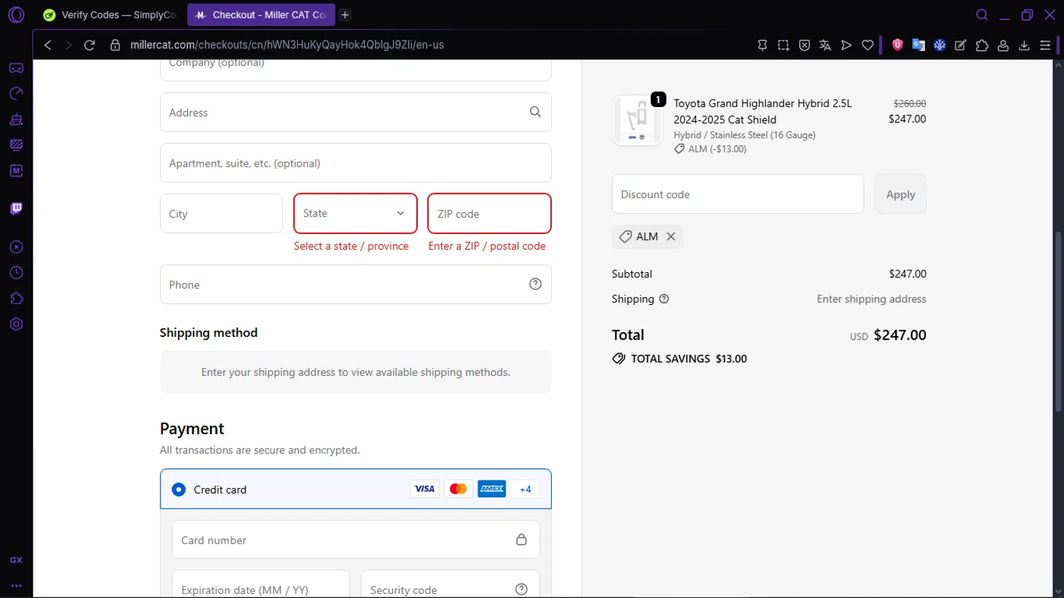 Miller CAT discount code screenshot showing code ALM applied at Miller CAT checkout page. Uploaded by SimplyCodes community member RewardLion134 on Sep 22, 2025