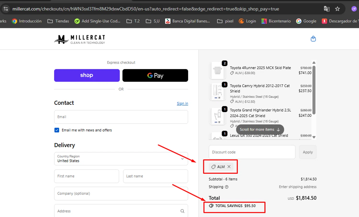 Miller CAT discount code screenshot showing code ALM applied at Miller CAT checkout page. Uploaded by SimplyCodes community member mirthaladino on Oct 8, 2025