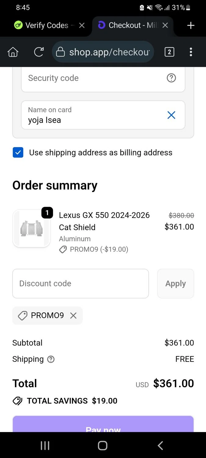 Miller CAT discount code screenshot showing code promo9 applied at Miller CAT checkout page. Uploaded by SimplyCodes community member Carolisea on Nov 11, 2025