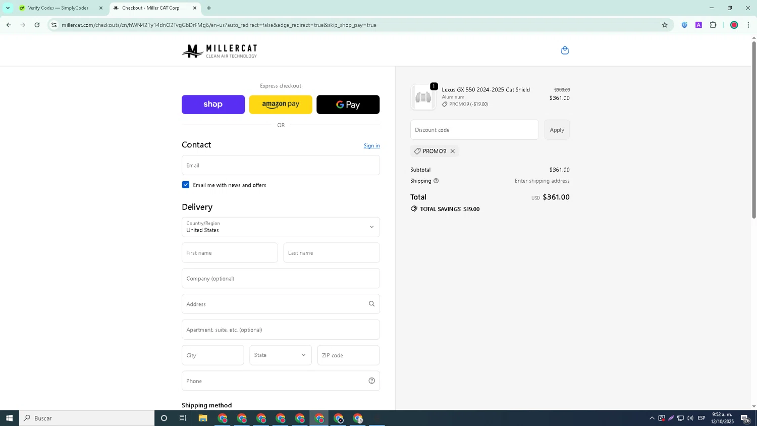 Miller CAT discount code screenshot showing code promo9 applied at Miller CAT checkout page. Uploaded by SimplyCodes community member William_Jones on Oct 12, 2025