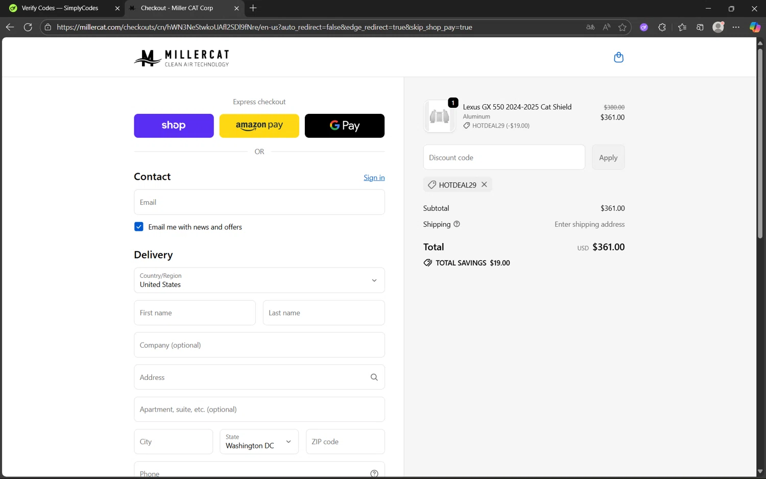 Miller CAT discount code screenshot showing code hotdeal29 applied at Miller CAT checkout page. Uploaded by SimplyCodes community member juanx1702 on Sep 25, 2025