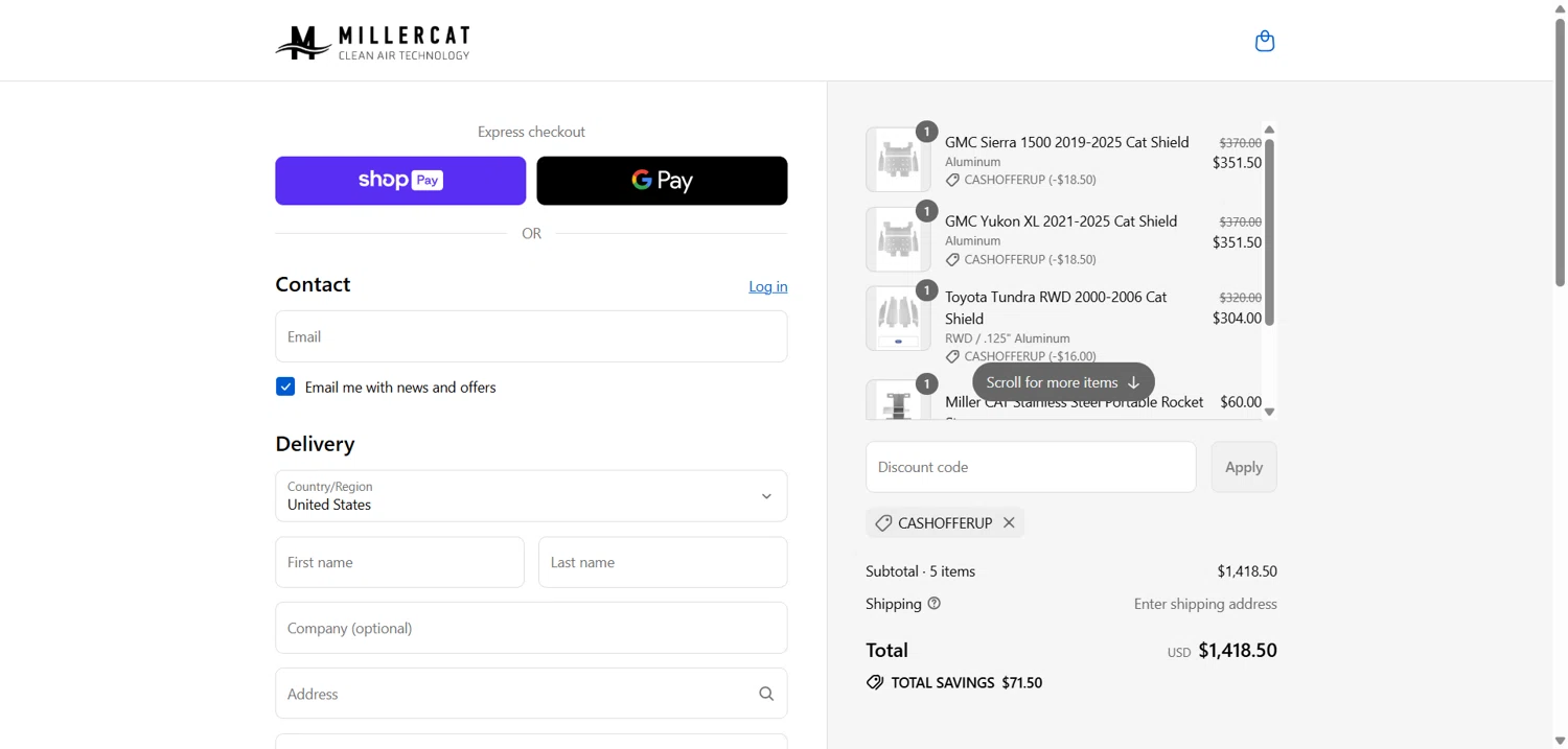 Miller CAT discount code screenshot showing code CASHOFFERUP applied at Miller CAT checkout page. Uploaded by SimplyCodes community member zaidaelena on Aug 25, 2025